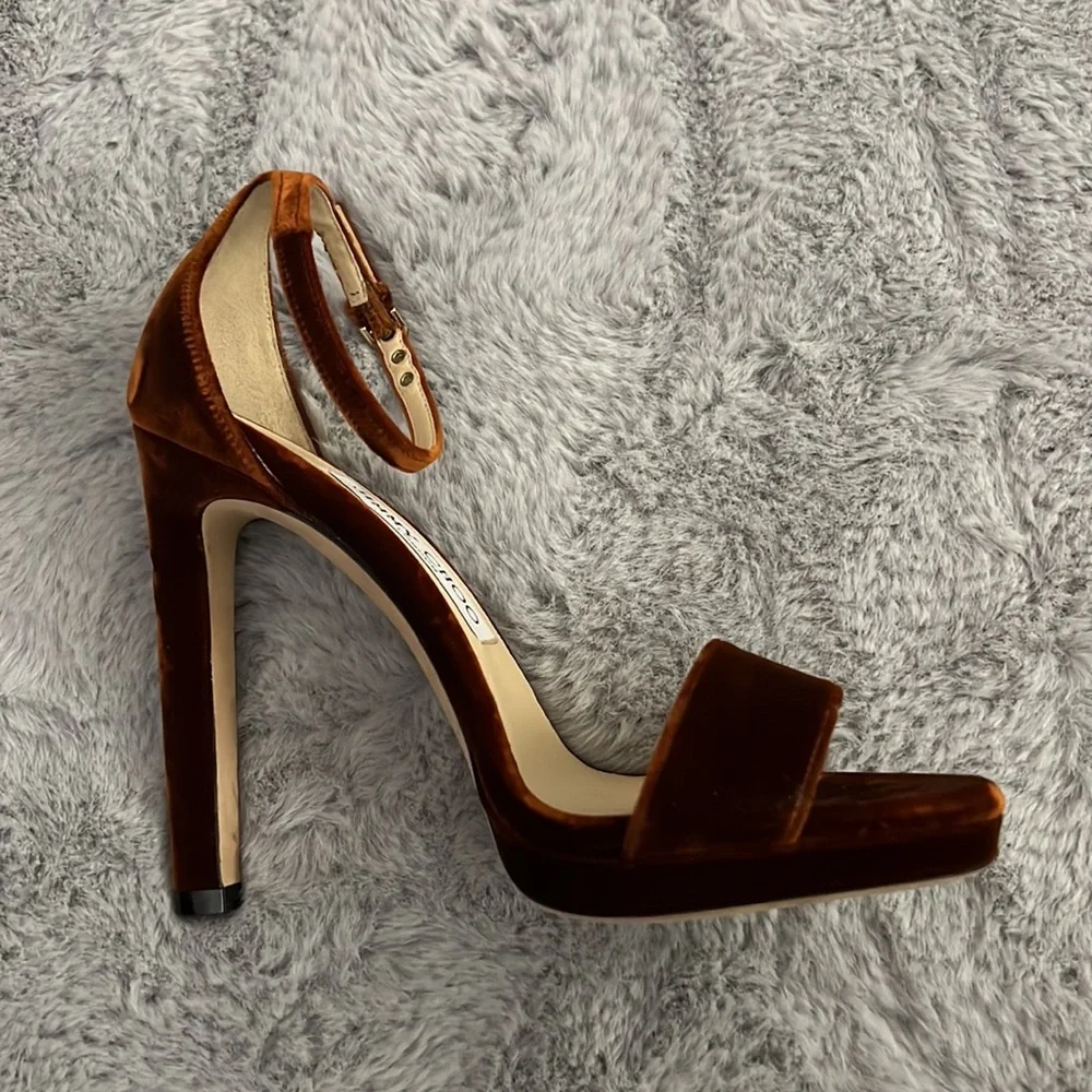 Jimmy Choo Misty 120 Velvet Heeled Sandals In Rust - Picture 13 of 14